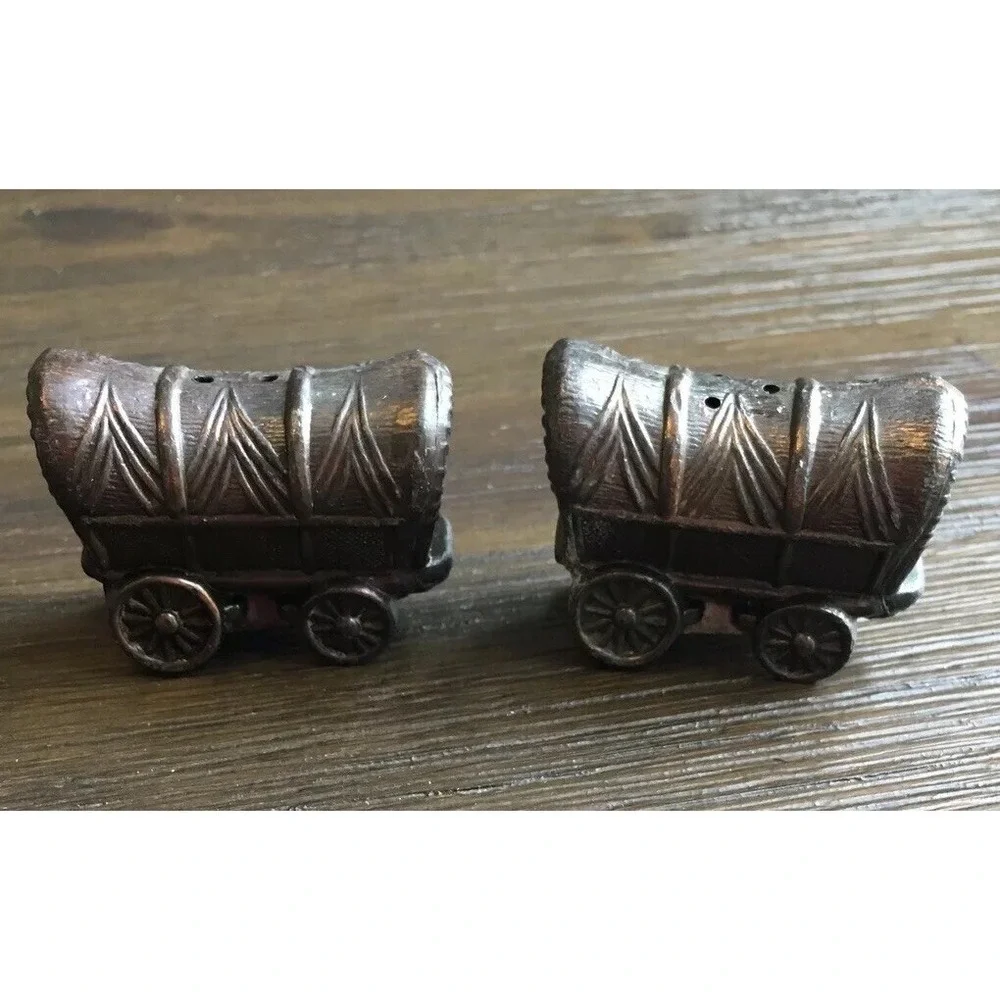 Vintage Salt and Pepper Shakers Covered Conestoga Wagon Cast Metal